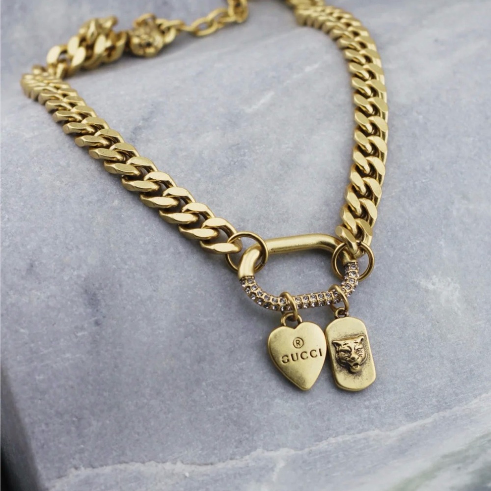 Gucci Gold Heart and Lion Charm Chain Necklace